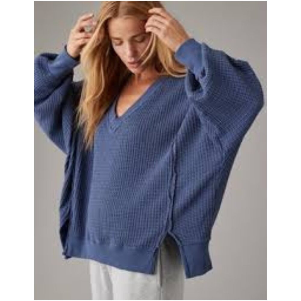 American Eagle Outfitters Aerie Light Blue Oversized waffle sweatshirt - Picture 3 of 8